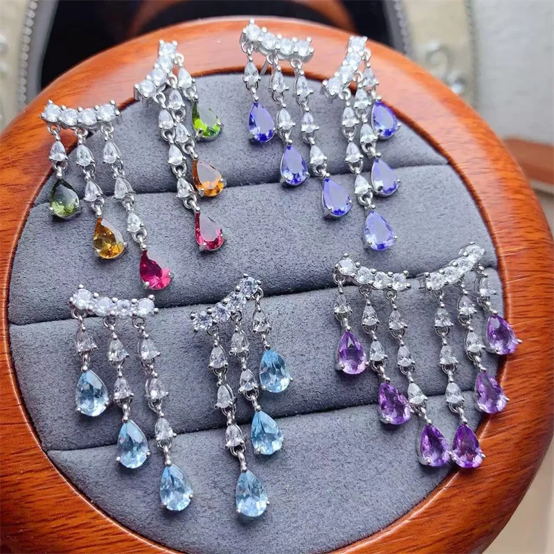 

Серьги-капли из стерлингового серебра 925 пробы, натуральный танзанит, турмалин, топаз, подарок на годовщину, аметист, рождественские ювелирные украшения