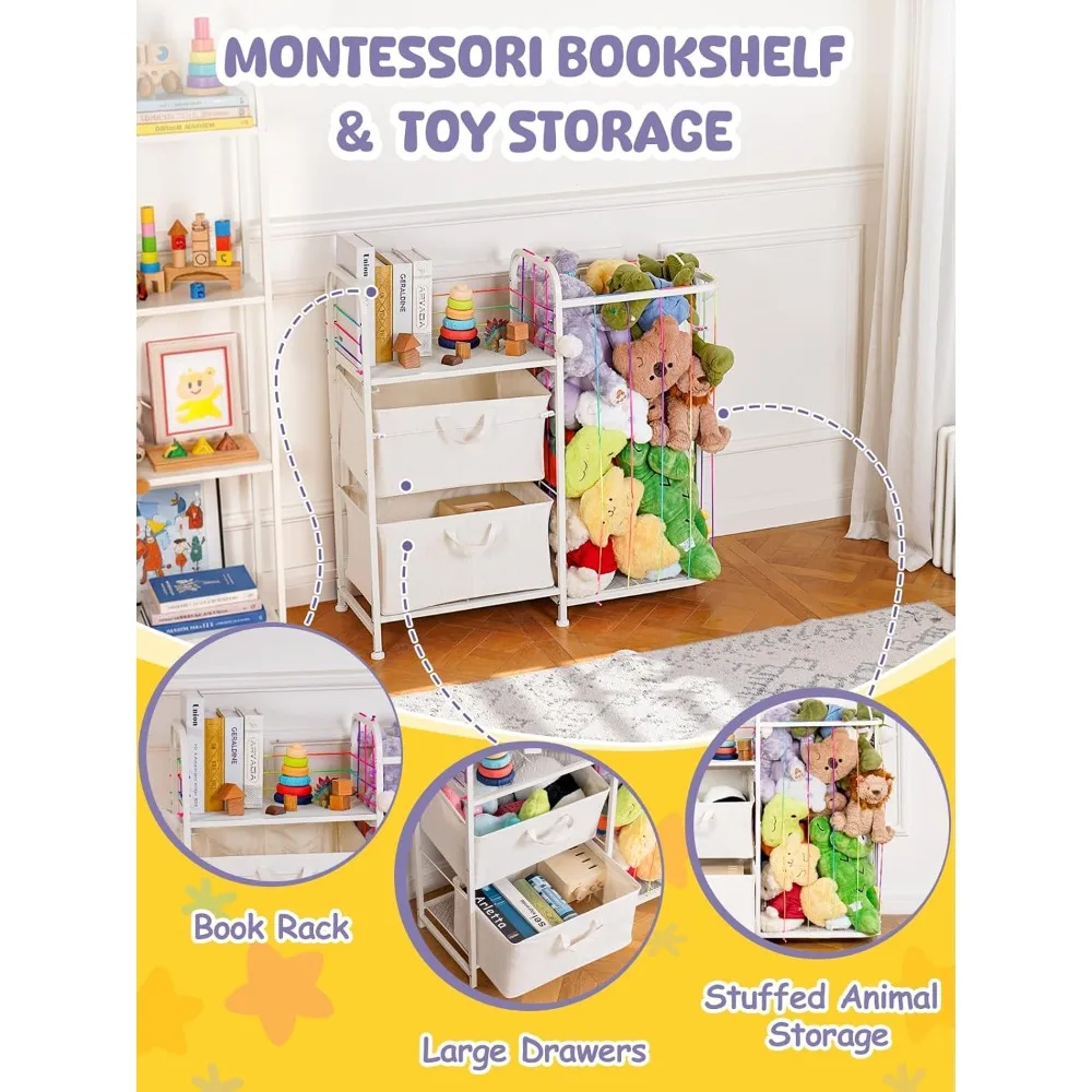 منظم تخزين ألعاب وكتب الأطفال 2 في 1 باللون الأبيض، ورف تخزين الحيوانات المحشو المستوحى من مونتيسوري #3