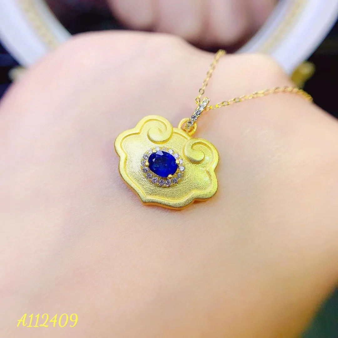 KJJEAXCMYNatural Sapphire Female Pendant 925 Silver Plated Ancient Craftsmanship Inlaid with Auspicious Clouds Ruyi Lock Jewelry