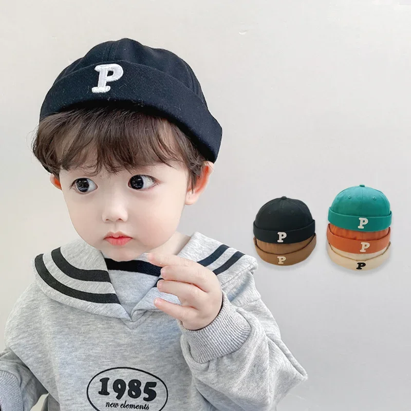 

New Vintage Letters Embroidered Baby Brimless Hat Spring Kids Boys Girls Hip Hop Docker Cap Adjustable Children Beanie Hats