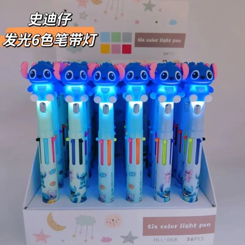 

Disney Stitch Glowing 6 Color Pen Cartoon Multicolor Ballpoint Pen with Light Cute Lilo & Stitch Anime Student Stationery Pen