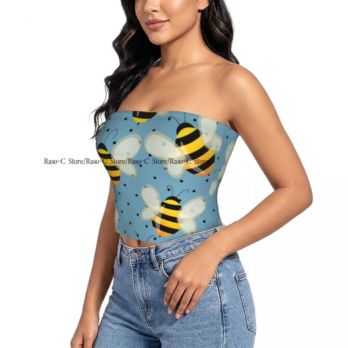 Strapless Sexy Tube Tops Summer Outfits Women Backless Shoulder Wrap Bees On Blue Polka Dots Background Female Crop Top