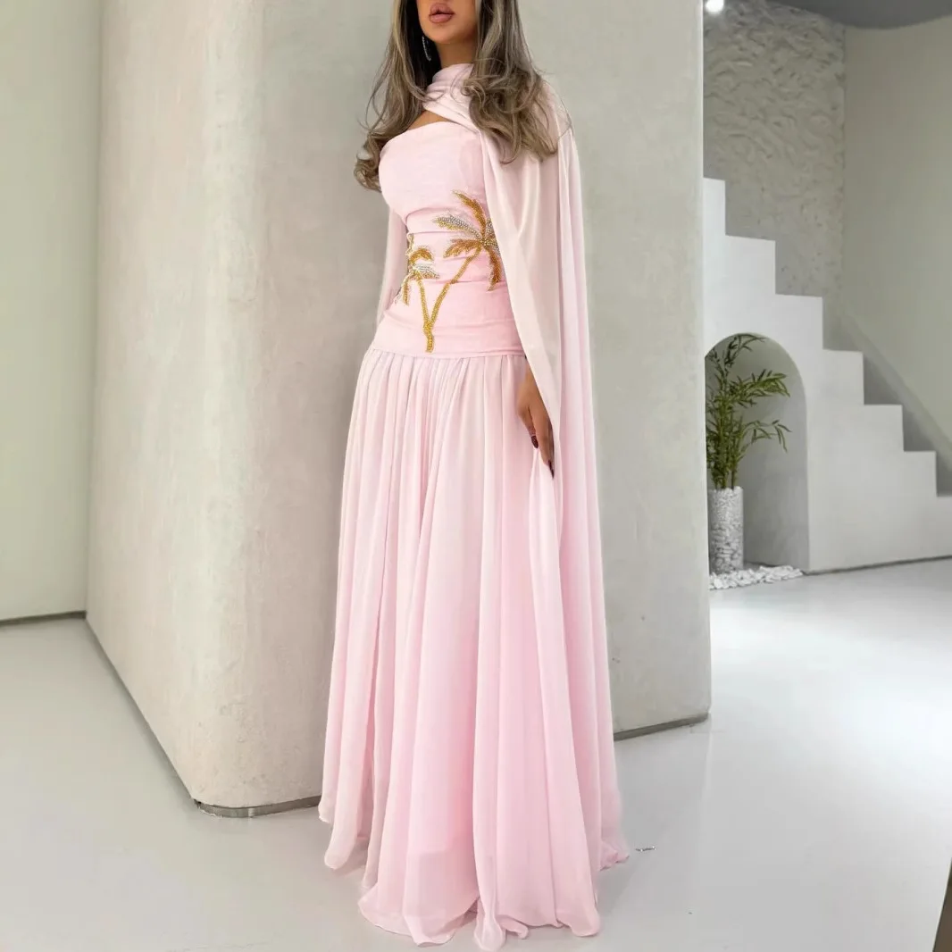 

Chiffon Shawl Beaded Evening Gown Light Pink Pleats Vestidos de Fiesta Long Arabic Women Prom Dress Party Wear
