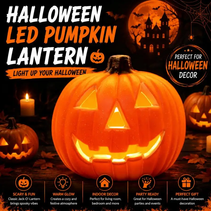 LED Halloween Pumpkin Lamp Glowing Jack-o-Lantern Tabletop Light for Indoor Living Room Bedroom Holiday Party Decor