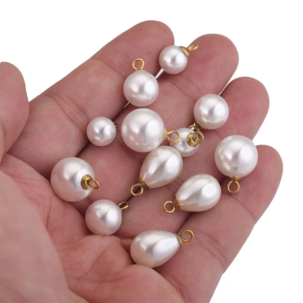 10pcs 8/12/14/16MM White Round Drop Imitation Pearls Earrings Charm Beads Stainless Steel Pendant for Jewelry Making Wholesale