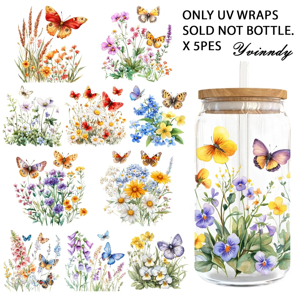 5 Stück/Set 16OZ UV DTF DIY-Transferpapier – Schmetterlinge in der Liebe zu Blumen UV DTF wasserfester Film (ohne Wasserbecher)