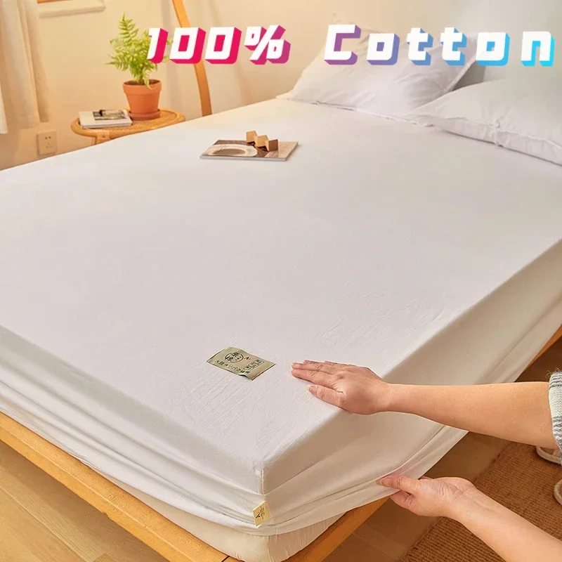 100% Cotton Mattress Covers Air-Permeable Anti-Pull Fitted Sheet No Pillowcase Elastic Bands Non Slip for Single Queen King Bed