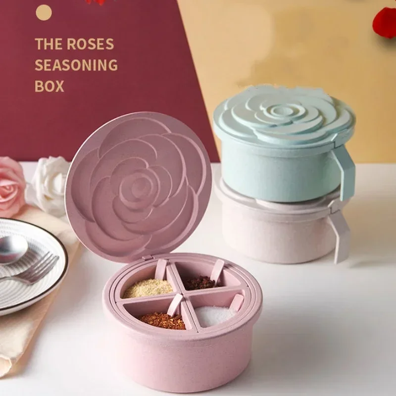 1 Pcs Creative Rose Shape Four Grid Spice Jar Seasoning Box Kitchen Spice Storage Box Salt Pepper Cumin Powder Container