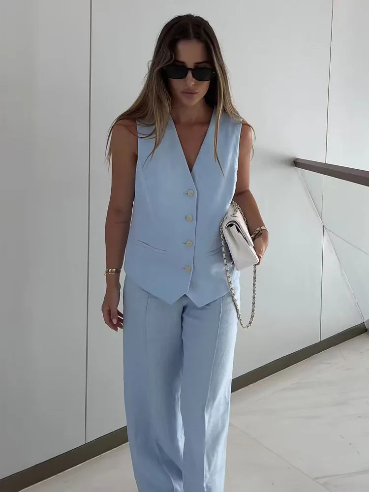 HH Moda femminile tre colori solidi set da 2 pezzi sexy scollo a V senza maniche giacca di lino gilet top + abito sottile pantaloni a gamba larga