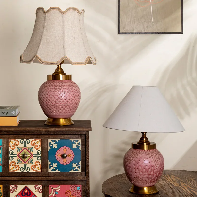 

SANDYHA Japanese Ceramic Desk Lamp Bedroom Decoration LED Light Living Room Study Lighting Fixture Fabric Lampshade Vase Design