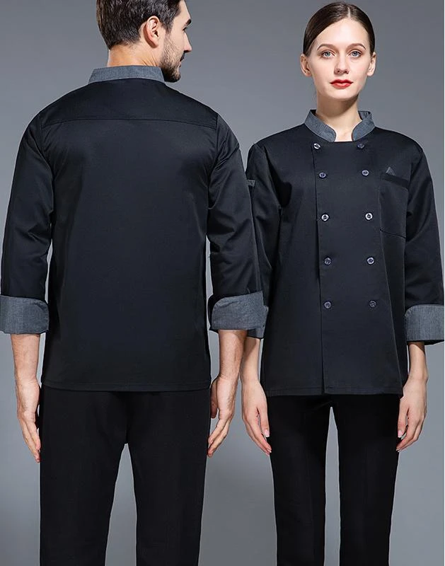 Uniforme de Chef de manga comprida preta, casaco do cozinheiro, camiseta do cozinheiro, uniforme de trabalho padeiro, roupas de restaurante e hotel, logotipo feminino