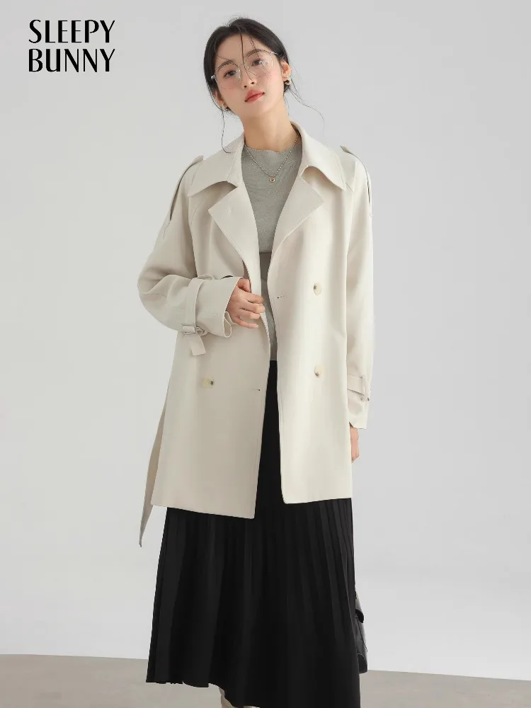 

Korean Elegant Chic Short Trench Coat Women Lapel Raglan Sleeve Jacket Casual Double Breasted Outerwear Mid Length Slim Autumn