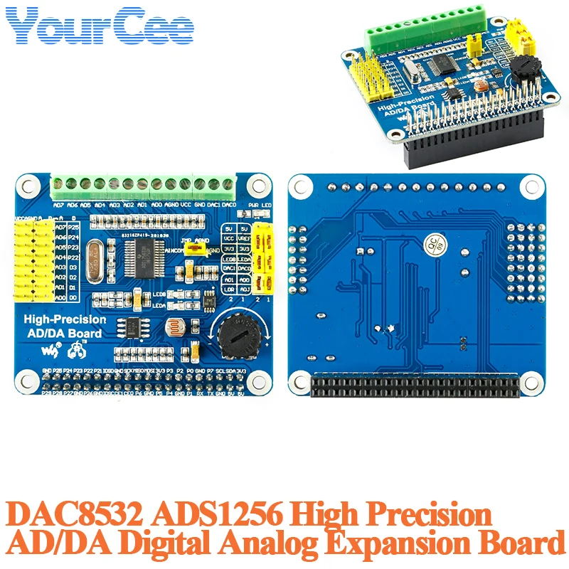 High Precision AD/DA Digital Analog Board Module DAC8532 ADS1256 for Raspberry Pi Expansion Development Pi 3B+/4B Onboard