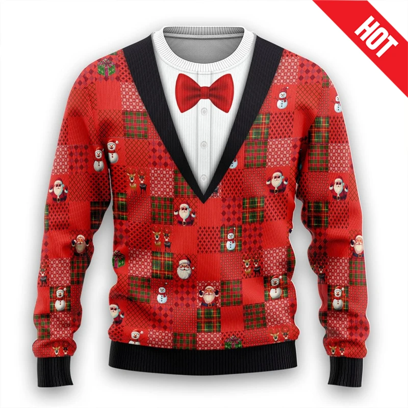 Men Women New Year Eve Xmas Sweatshirts Kid 3D Funny Suit Print Holiday Party Jumper Top Couples Pullover Ugly Christmas Sweater