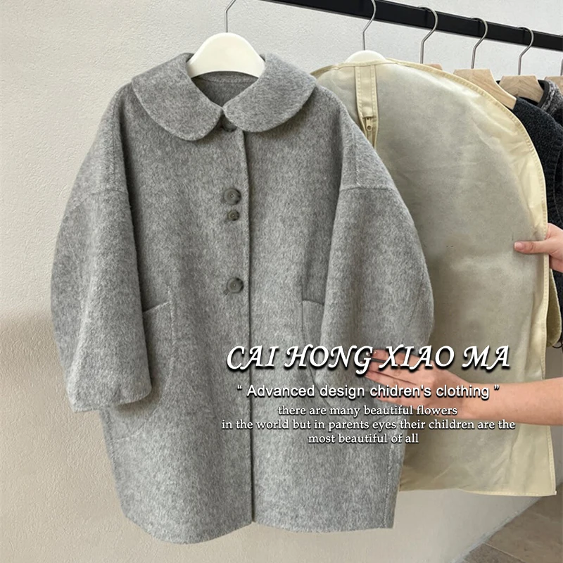 Girls Autumn Coat 2024 New Children Foreign Style High-grade Gray Medium Long Woolen Coat Korean Simple Style Fashion Clothes