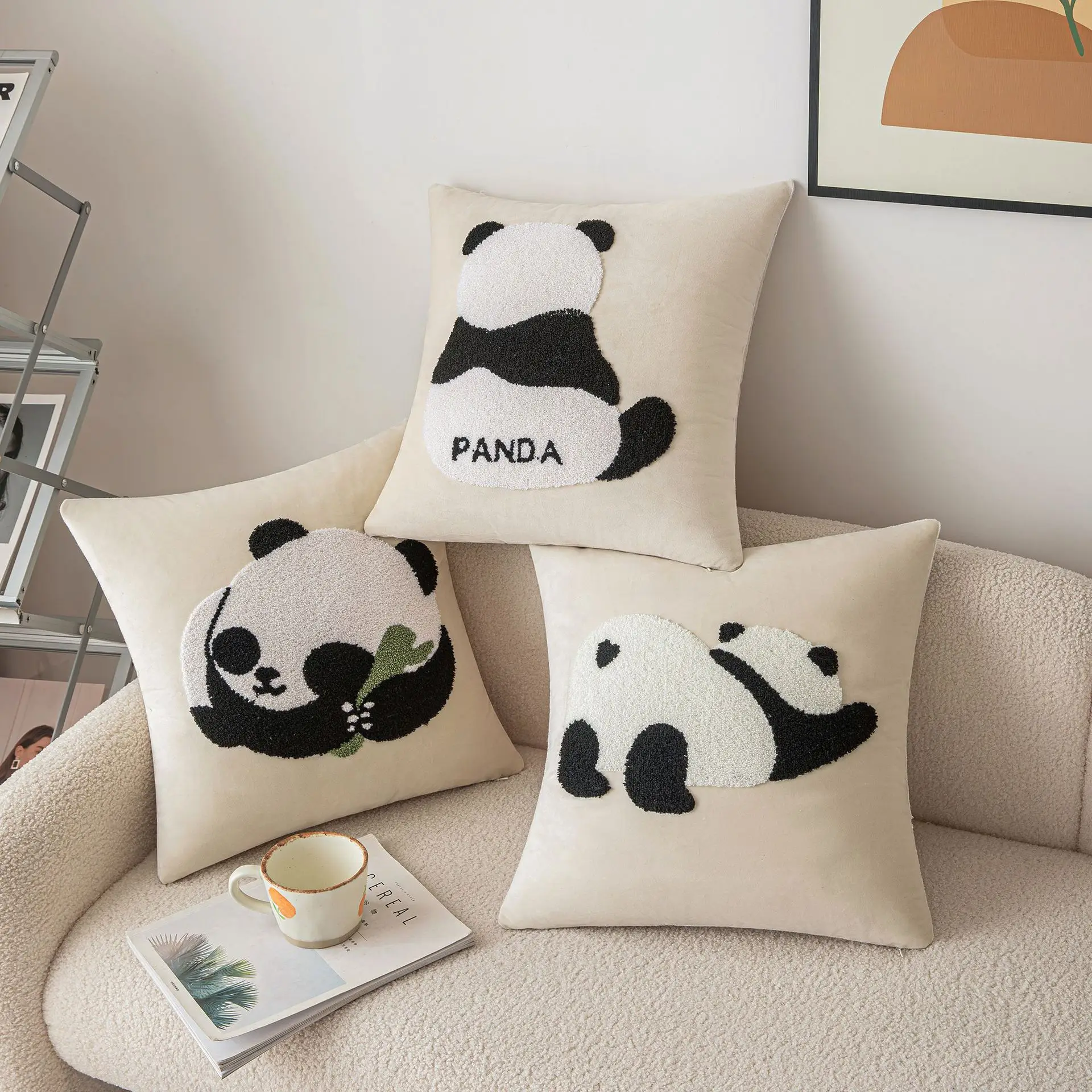 

45x45cm Cartoon Panda Embroidered Pillowcase Throw Pillow Cover Cute Black and White Cushion Cover Pillowcase for Home Decor