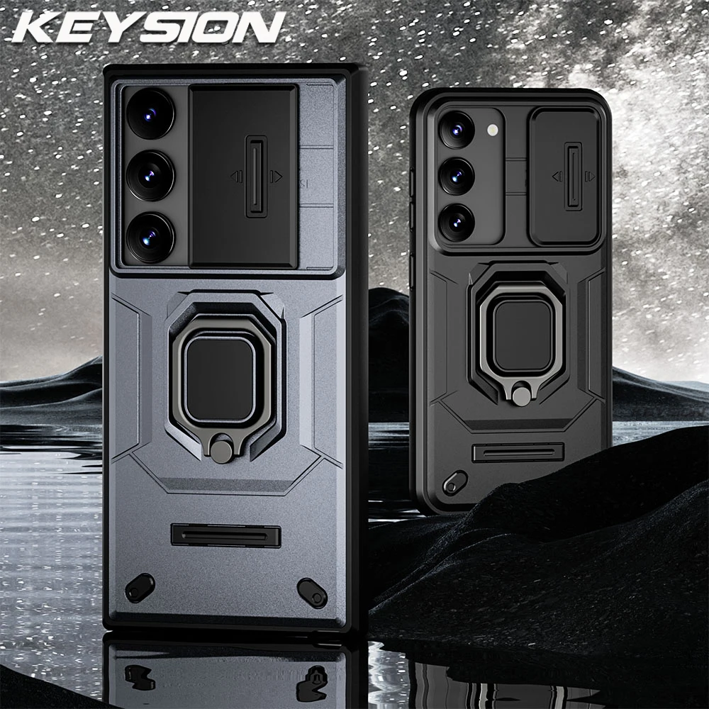 

KEYSION Shockproof Armor Case for Samsung S23 Ultra 5G Slide Camera Lens Protection Ring Stand Phone Cover for Galaxy S23+ Plus