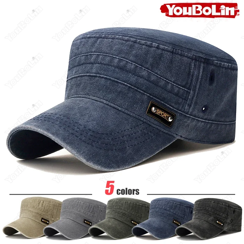 Washed Cotton Distressed Flat-Top Military Cap,New Versatile Outdoor Casual Sun Hat,UV-Protection Trucker Caps,Dad Hats