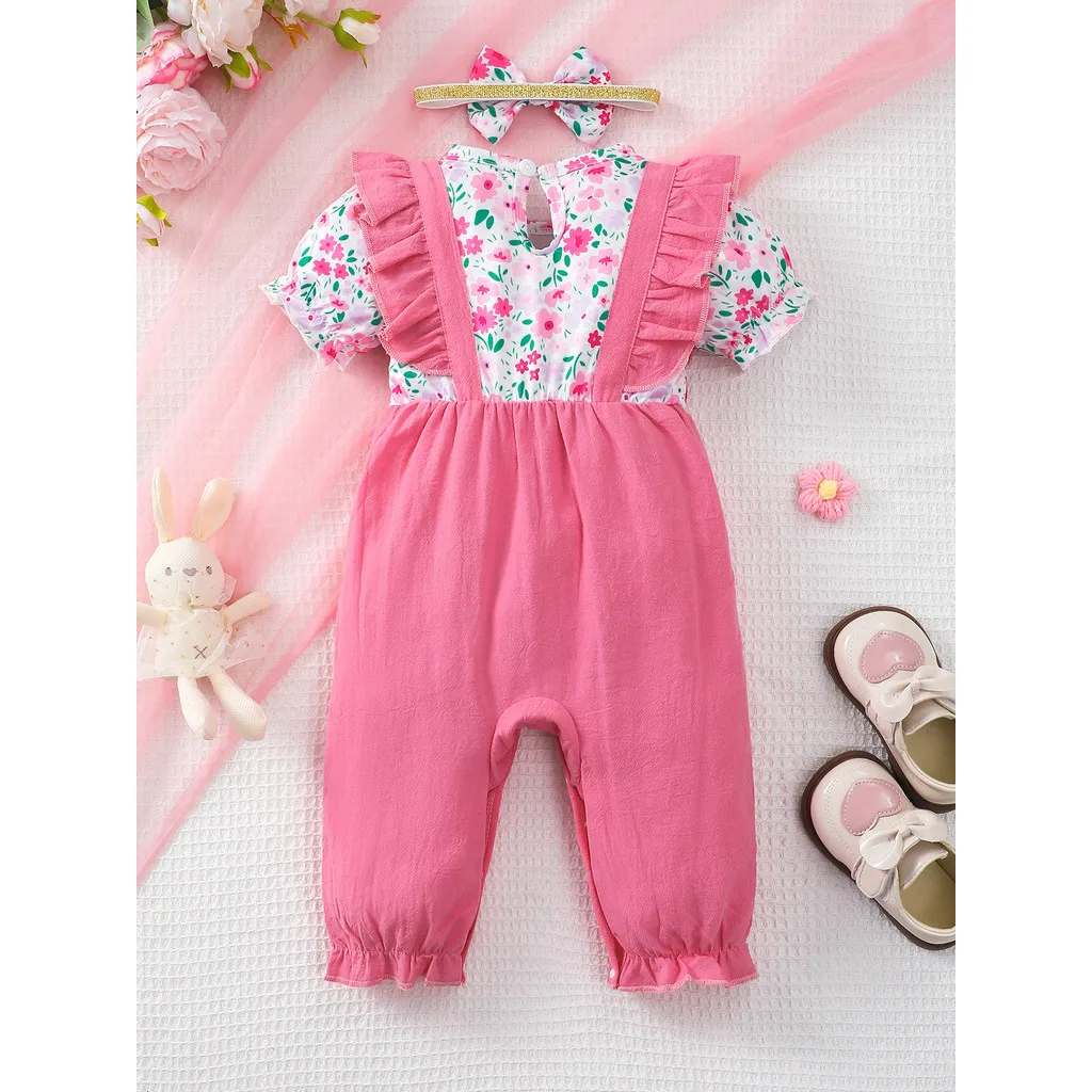 1-18 Months Newborn Baby Girl Short Sleeve Flower Jumpsuit Summer Infant Sweet Bodysuit+Headband Toddlers Girl Daily Wear Romper