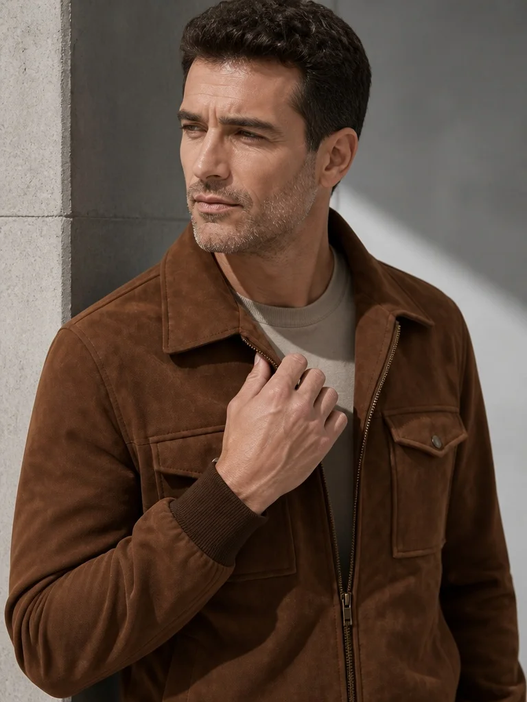 Men's Retro Brown Suede Leather Jacket Lapel Collar Zip Up Pocket Casual Motorcycle Coat for Autumn Winter Daily Streetwear