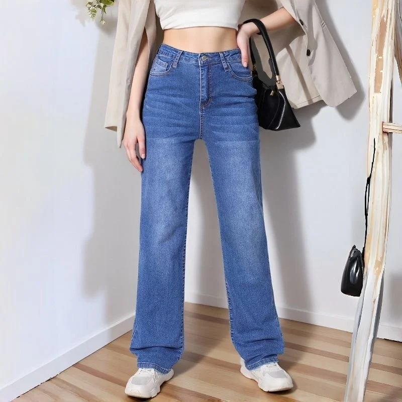 Lady Stretch Blue Designer Mid-rise Jeans Pants Female Loose Fit Straight Leg Denim Pants Girls Korean Loose Fit Trousers