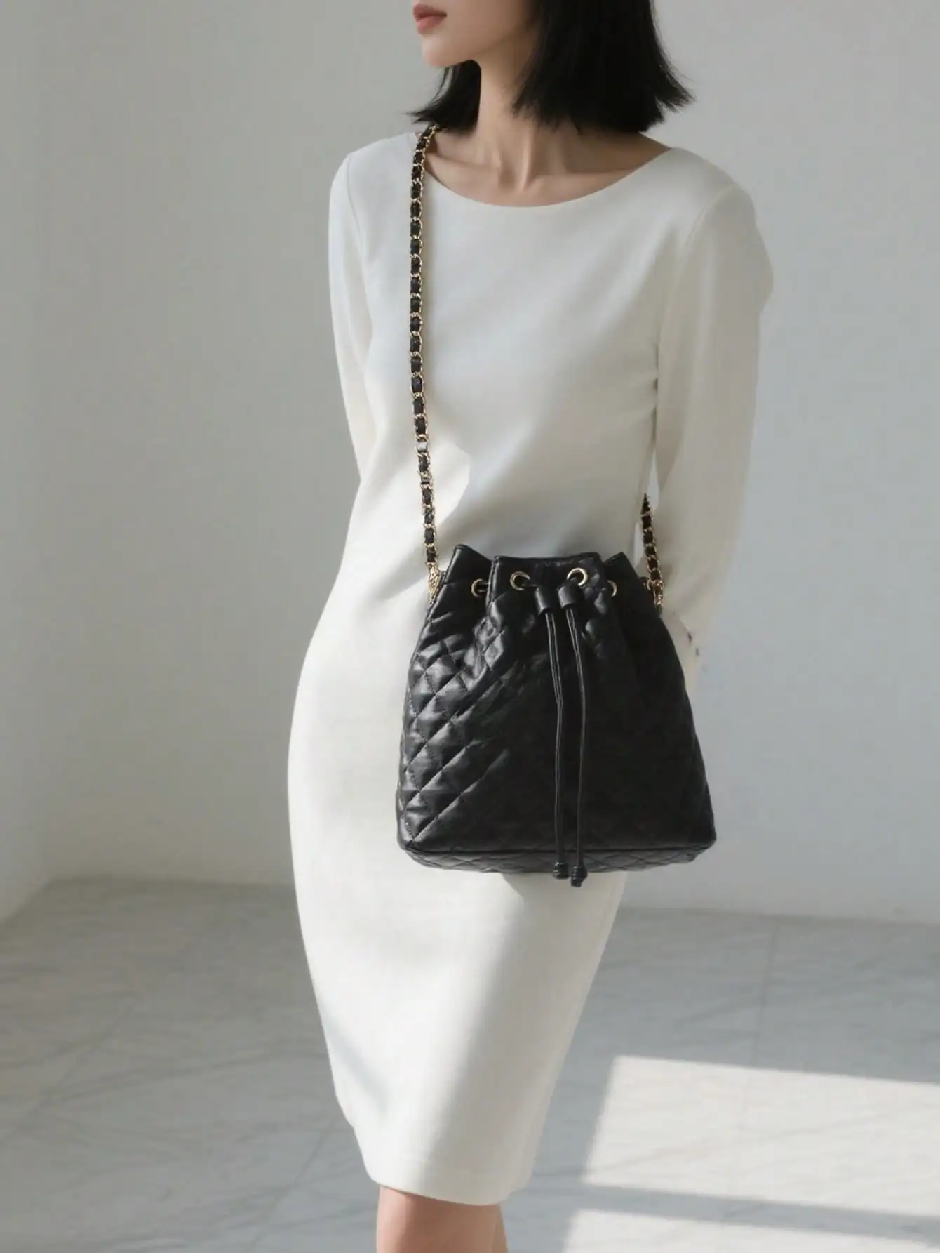 

Женская стеганая сумка-ведро на шнурке — через плечо с цепочкой из искусственной кожи для покупок/путежей