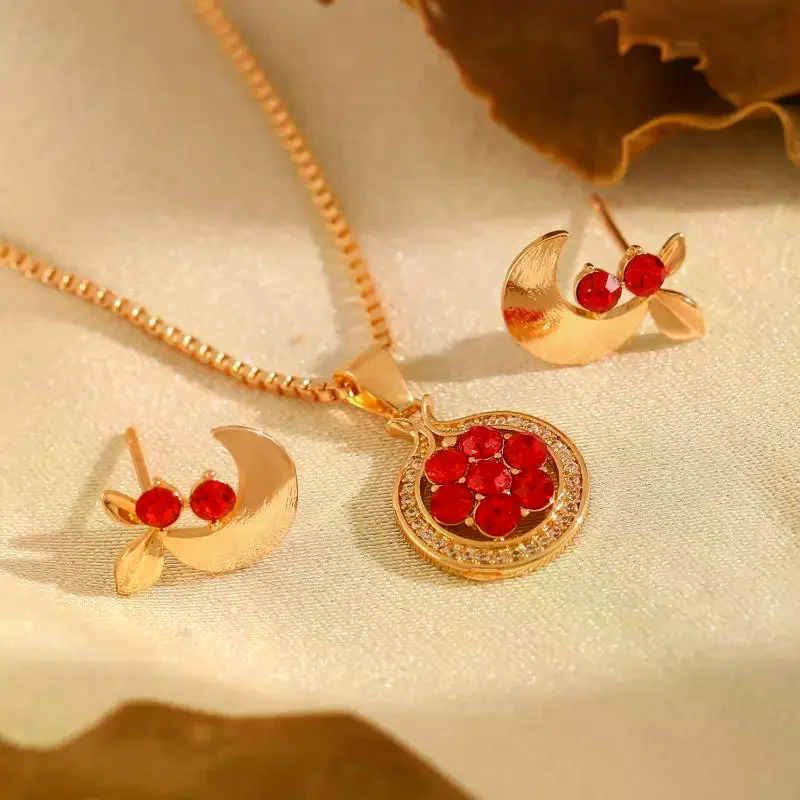 1/2Pcs Red Pomegranate Rhinestone Jewelry Set Trendy Necklace Earrings for Women Club Night Out Party Date Gift