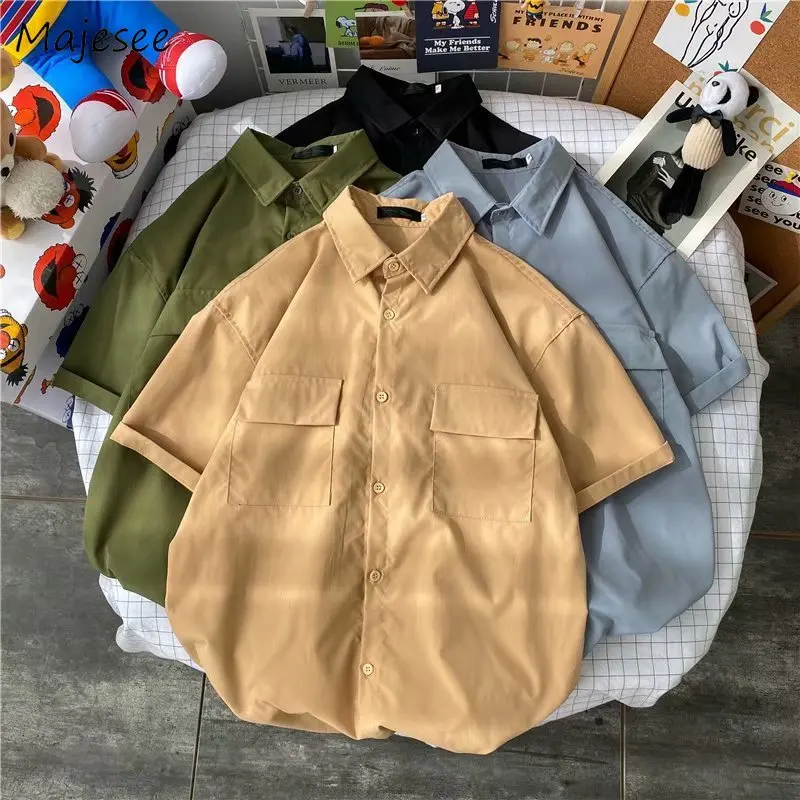 

Cargo Shirts Men Simple Summer Harajuku Clothes Japanese Unisex Big-Pockets Vintage Handsome Preppy Teens Business Camisa Trendy