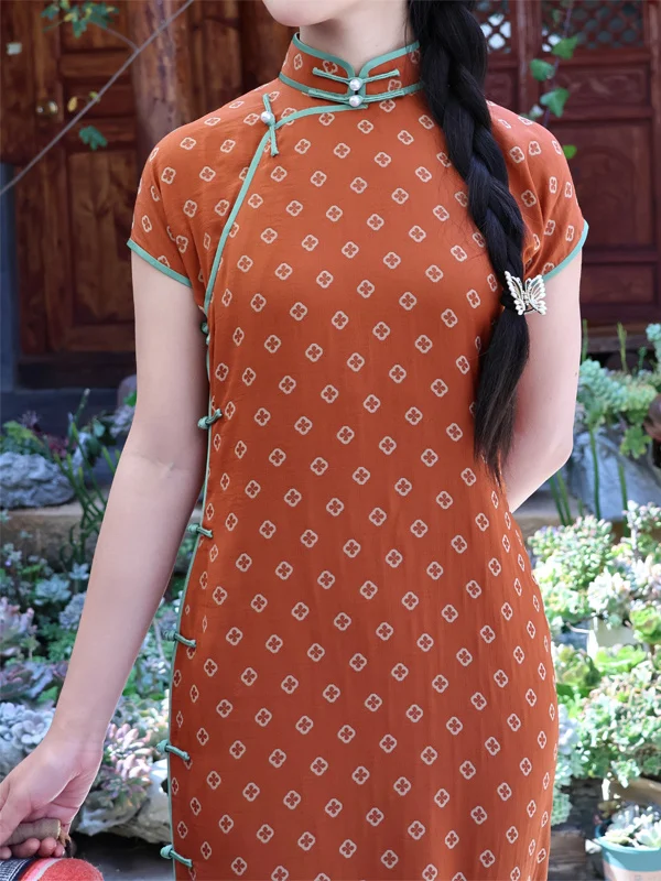 

Dunhuang Yu Island 2025 Summer Non-Fitting Orange Traditional Flat Pattern Ancient Method Open Collar Daily Young S...