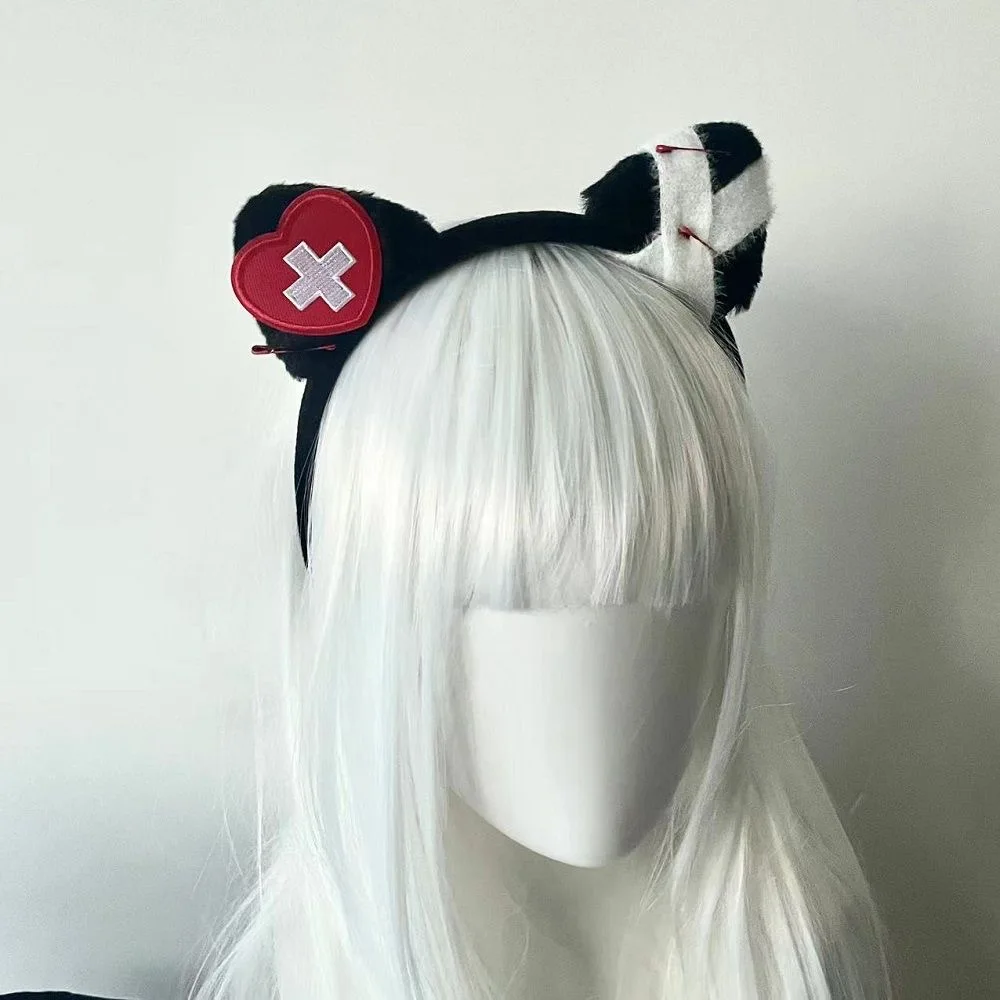 

Japanese Punk Injured Cat Ear Medical Subculture Plush Headband Female Furry Lolita Headpiece Halloween Party Accessories