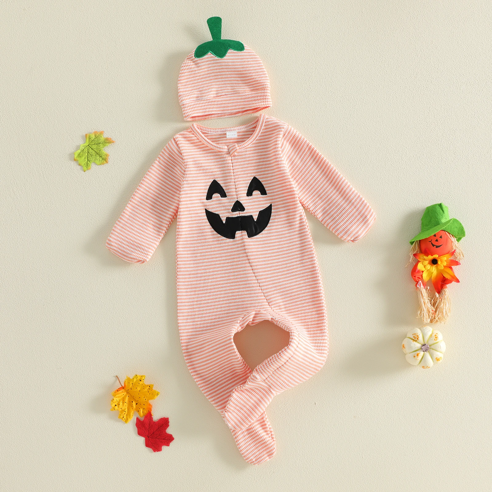2026 Autumn Baby Boy Halloween Footed Romper Fashion Pumpkin Applique Long Sleeve Striped Jumpsuits with Hat Footies