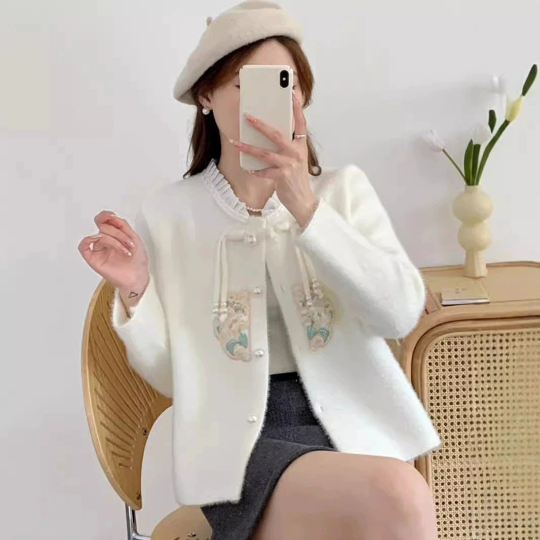 

2025New Chinese Style Cardigan Imitation Mink Cashmere Coat Women's Short Jacket Vintage Loose Sweater Top Warm Casual Outerwear