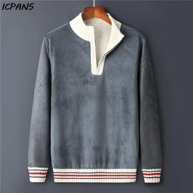 Men's Fleece Warm Half Zip Pullover Knitted Sweater Vintage Letter Print Cotton Coat Red/Black Winter Fashion