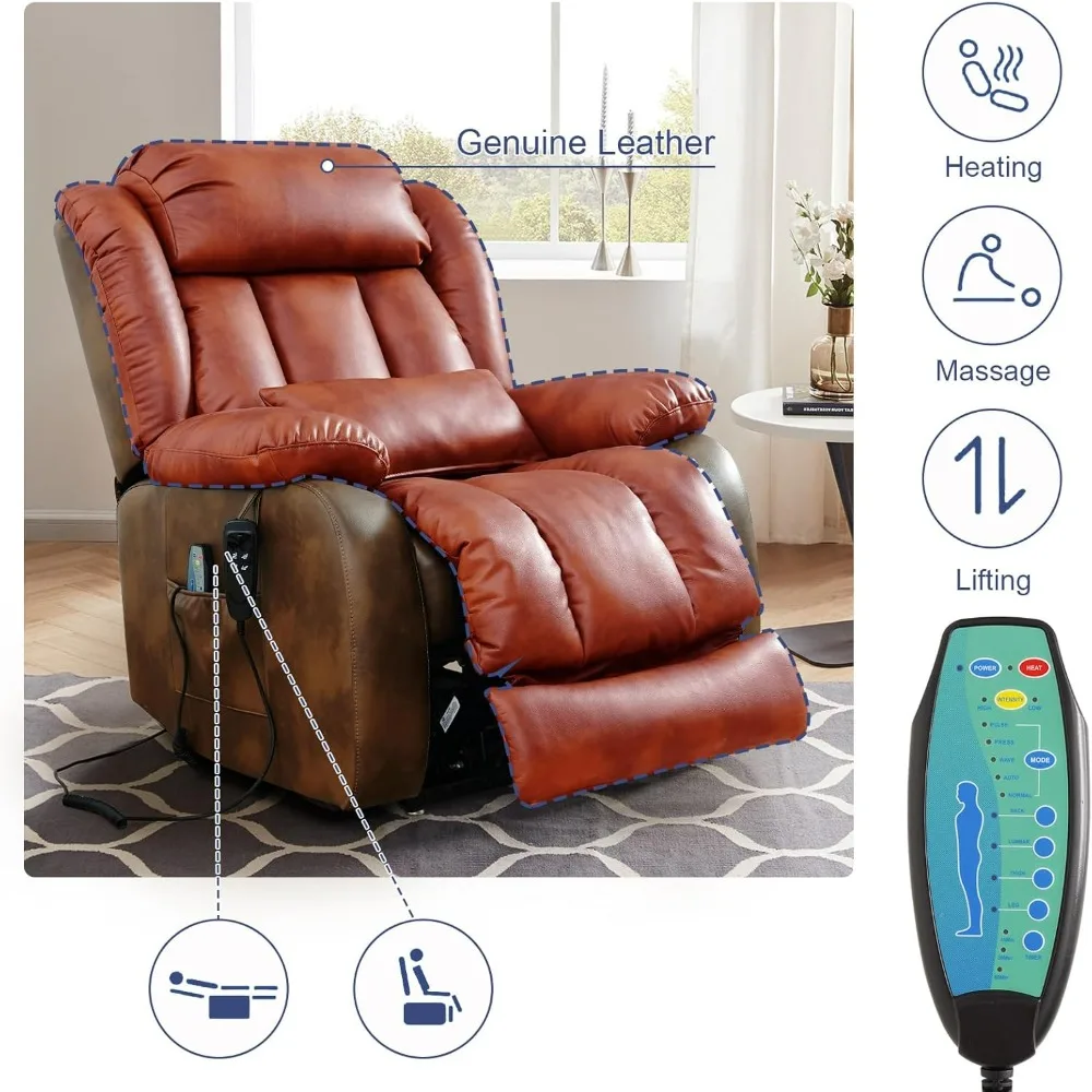 Power Lift Recliner Chair, Dual Motor Recliner for Elderly,Extended Footrest and Lumbar Pillow for Tall Man, Heat and Massage