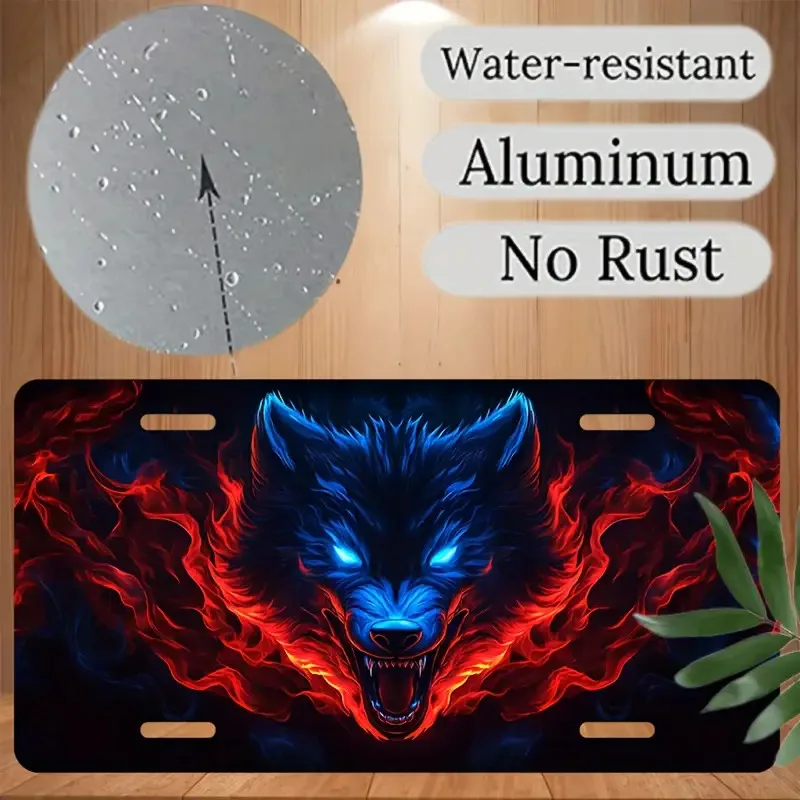 2D Flat - A 2D Flat Heavy-Duty Sign And Cover Set Featuring Glowing Eyes - 12X6 Inches with a Blue Wolf And Flame Design in Blac