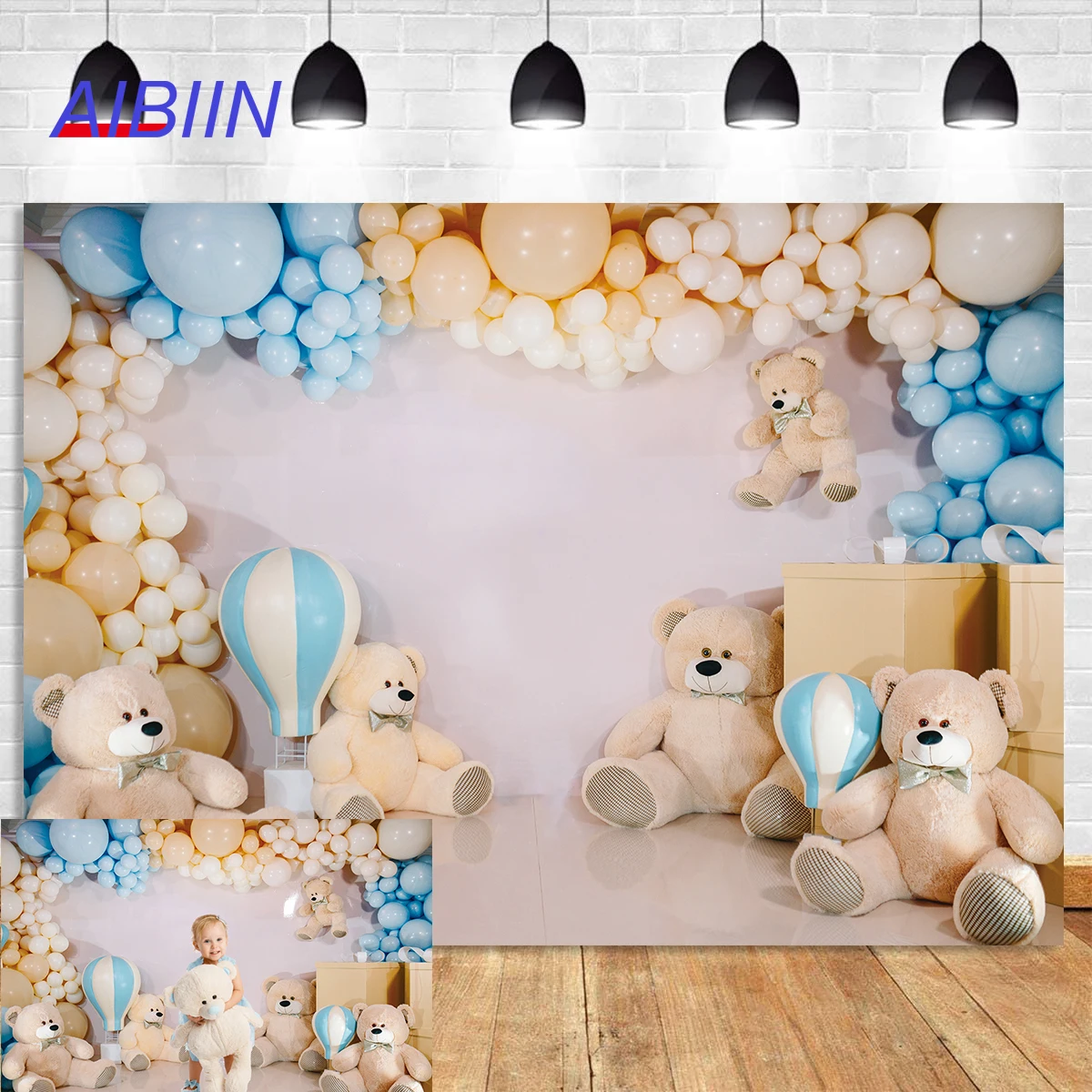 

Bear Baby Photography Backdrop Boy Birthday Baby Shower Newborn Portrait Background Banner Balloons and Bear Cake Smash Decor