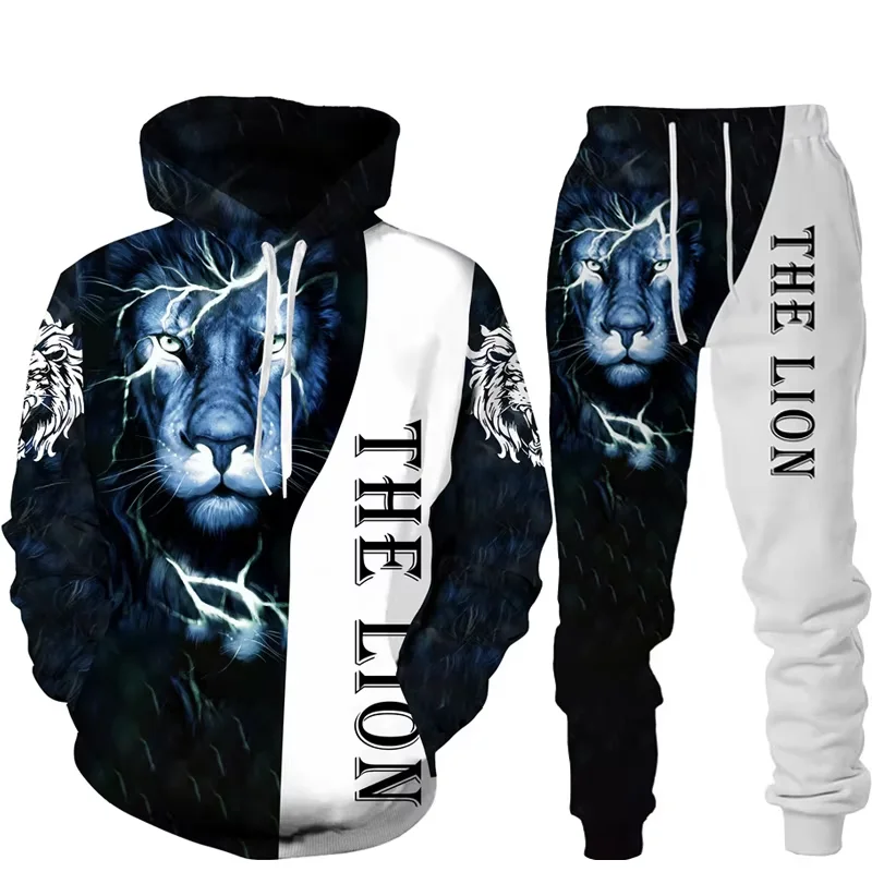 Winter Autumn Wolf Animal Pattern 3D Printed Sweatpants and Hoodie Set Tracksuit Men Clothing Suit Oversize Streetwear Sportwear