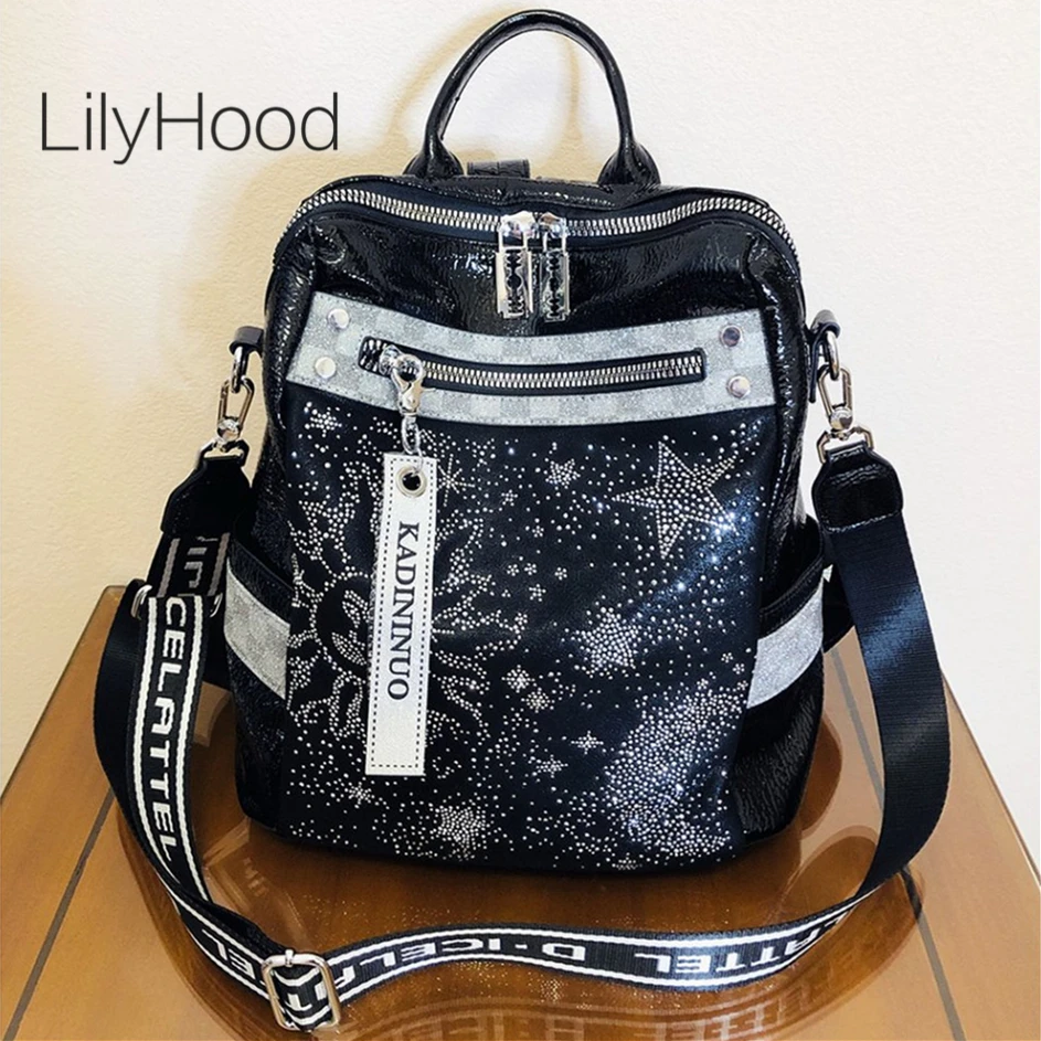 

Female 90s Fashion Shiny Rhinestone Vegan Leather Daily Travel Backpack Luxury Designer Casual Big Capactiy Work Laptop Bagpack