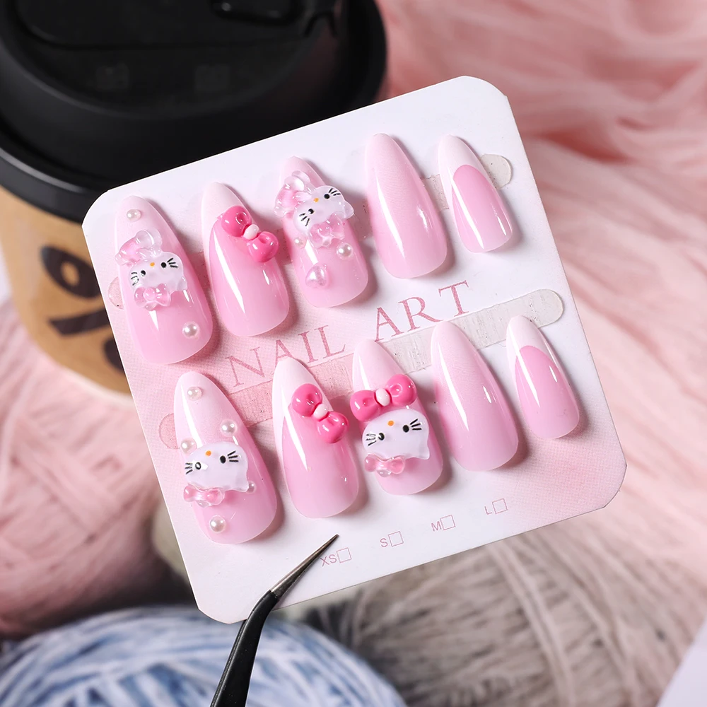 24Tips 3D Hello Kitty Press On Nail Tips Kawaii Cartoon Kitty Розовый бант Французский миндаль Накладные ногти для девочек DIY Украшение ногтей