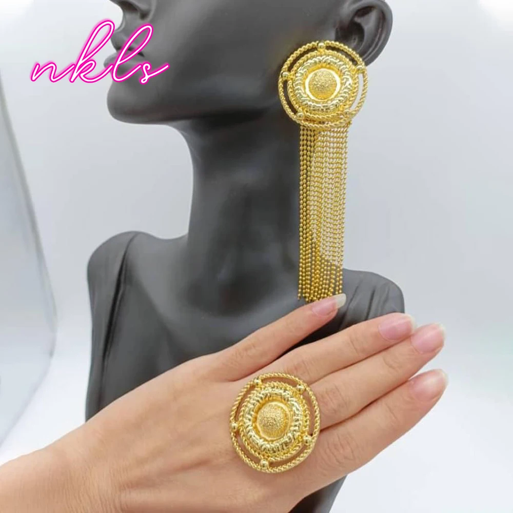 

African Dubai Fashion Earrings Jewelry Set 18k Gold Plated Clip Earrings Ring Party Gift for Women Copper Alloy Metal Jewelry