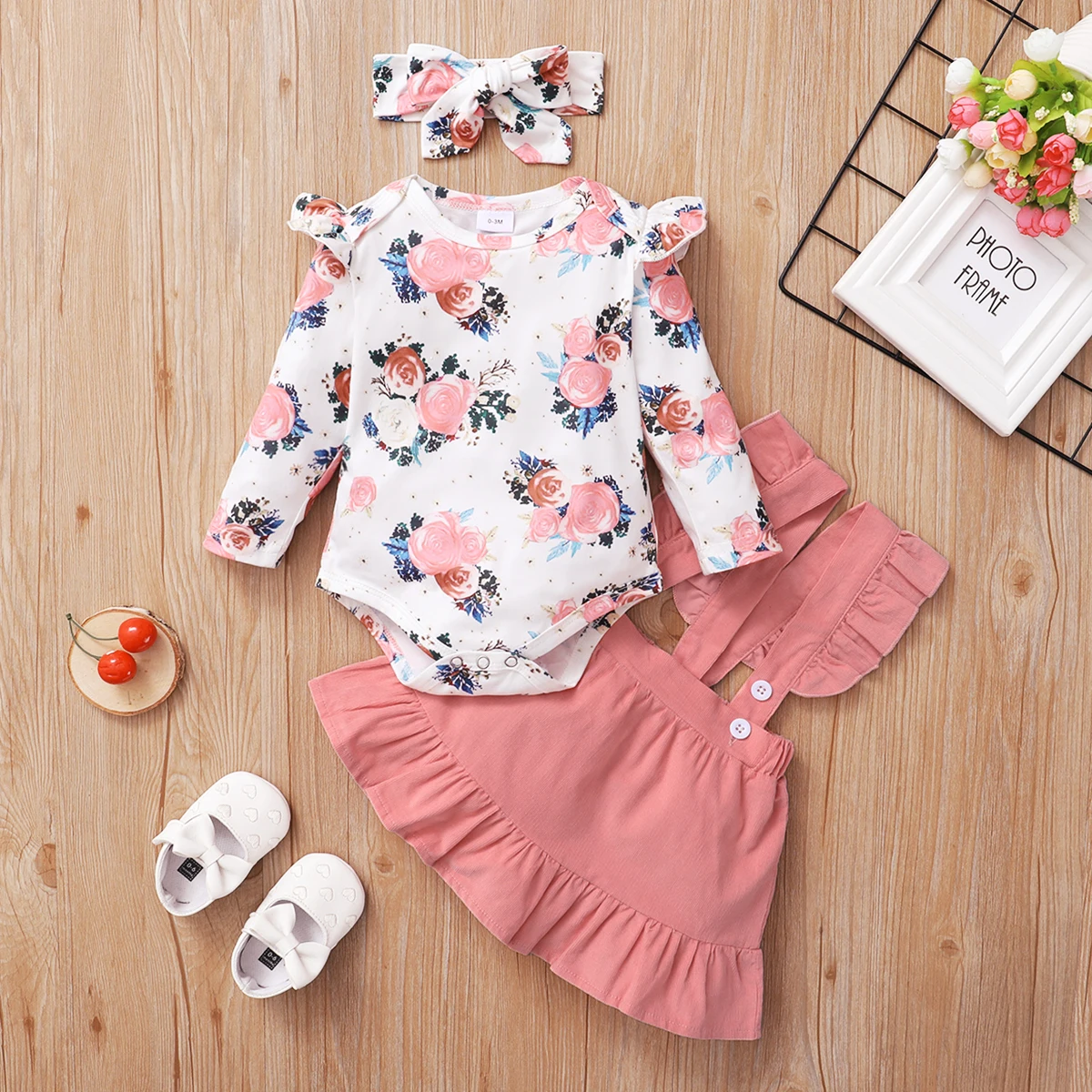 3PCS Clothes Set Newborn Baby Girl Floral Long Sleeve Romper +Suspender Skirt+Headband Spring&Autumn Cute Outfit for 0-12 Months