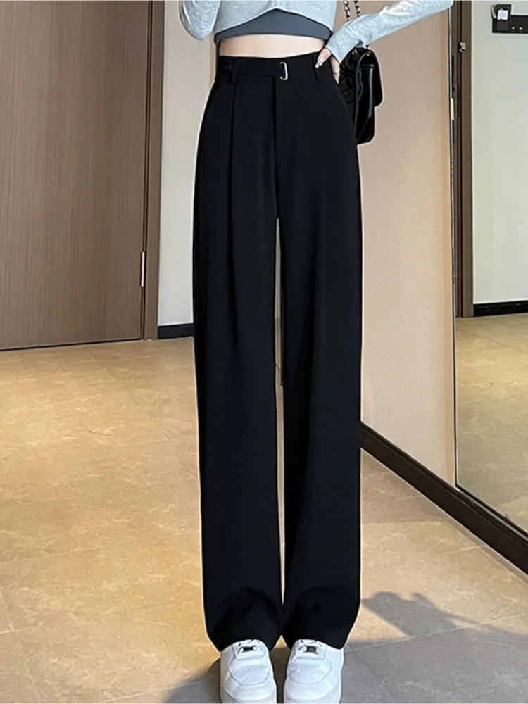 High Waist Suit White Wide Leg Women\'s Full Pant Spring Summer Female Elegant Button Minimalism Straight Loose Trousers 2023 New