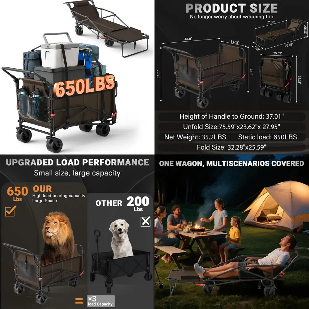 

Heavy Duty Collapsible Cart with 650lb Capacity, All-Terrain Wheels and Brakes, Side Pockets for Outdoor and Indoor Use, Brown