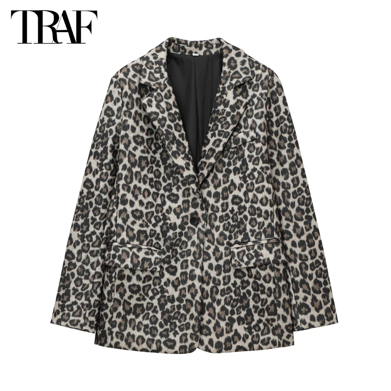 TRAF Leopard Print Long Blazer Woman Vintage Straight Women\'s Blazers Long Sleeve Office Blazer Women Autumn New in Outerwears