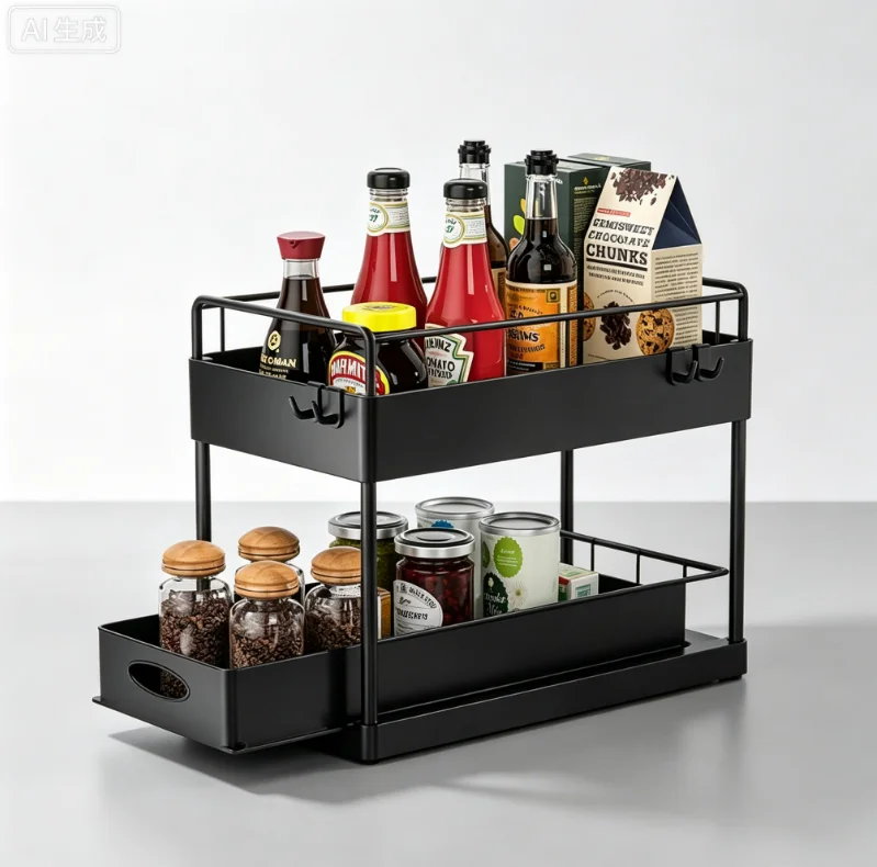 Double‑Tier Under‑Basin Sliding Storage Bin, Practical Organizer Shelf with Compact Structure for Daily Kitchen and Bathroom