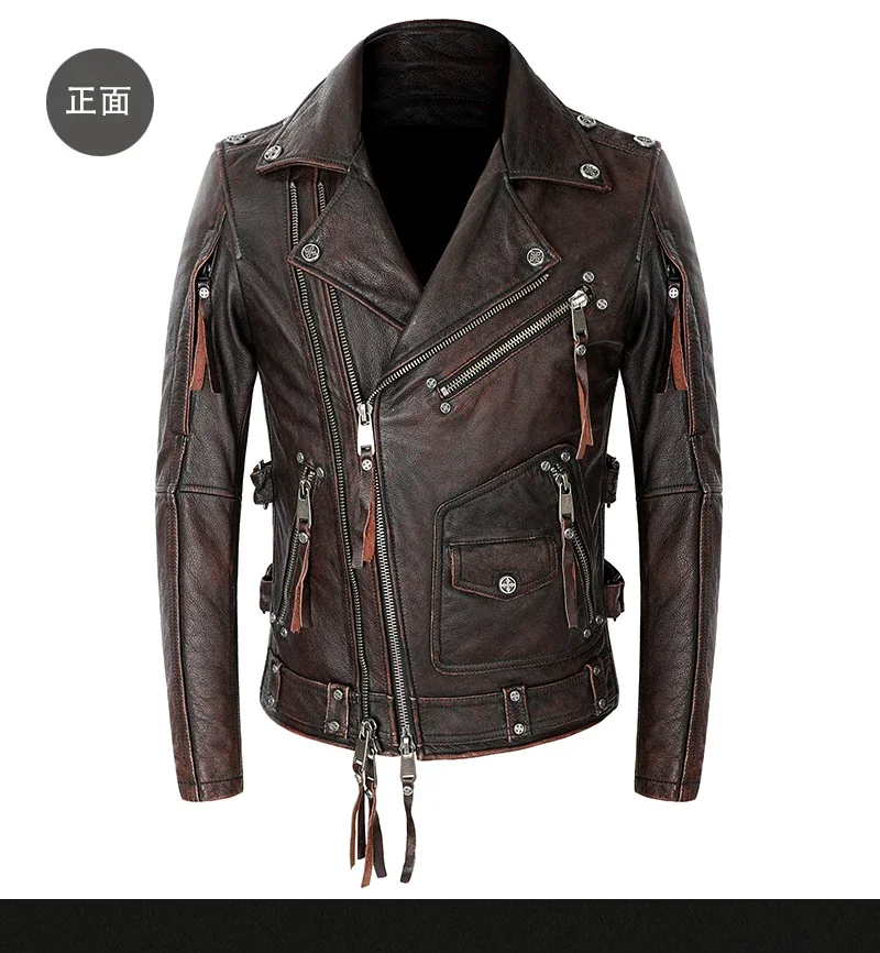 YR.Wholesales.Heavy Brand quality real leather jacket.Cool Motor Rider Rivet cow leather coat.Vintage style leather wear