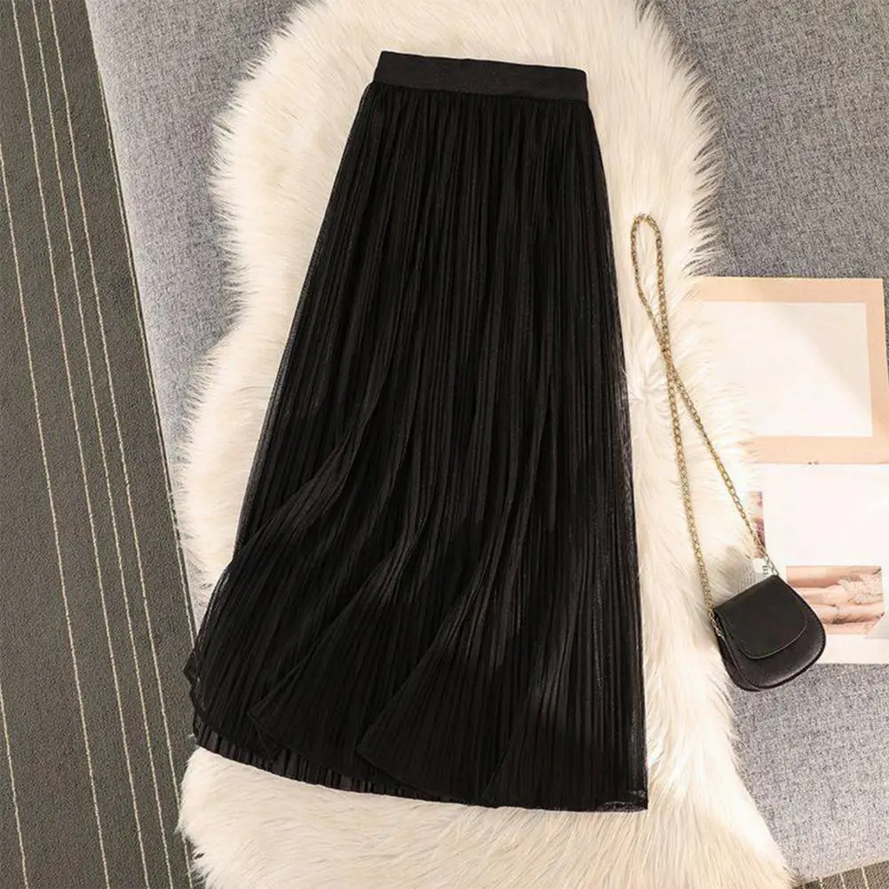 

Flowing Gauze Skirt Elegant Women's Pleated Skirt Collection Elastic Waistband Midi Skirt A-line Solid Color for Daily for Every