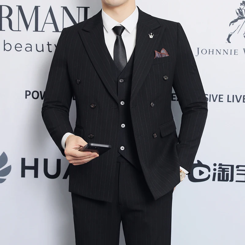 2025 남성 트렌디 더블 브레스티드 쓰리피스 캐주얼 수트 고품질 패셔너블 비즈니스 스타일 신상