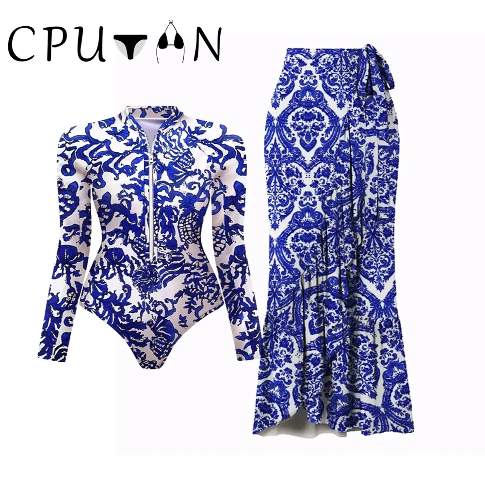 CPUTAN 2024 Swimwear Women Print Floral One Piece Swimsuit Long Sleeve Bathing Suit Dress Vintage Beachwear Surfing Swim Skirt