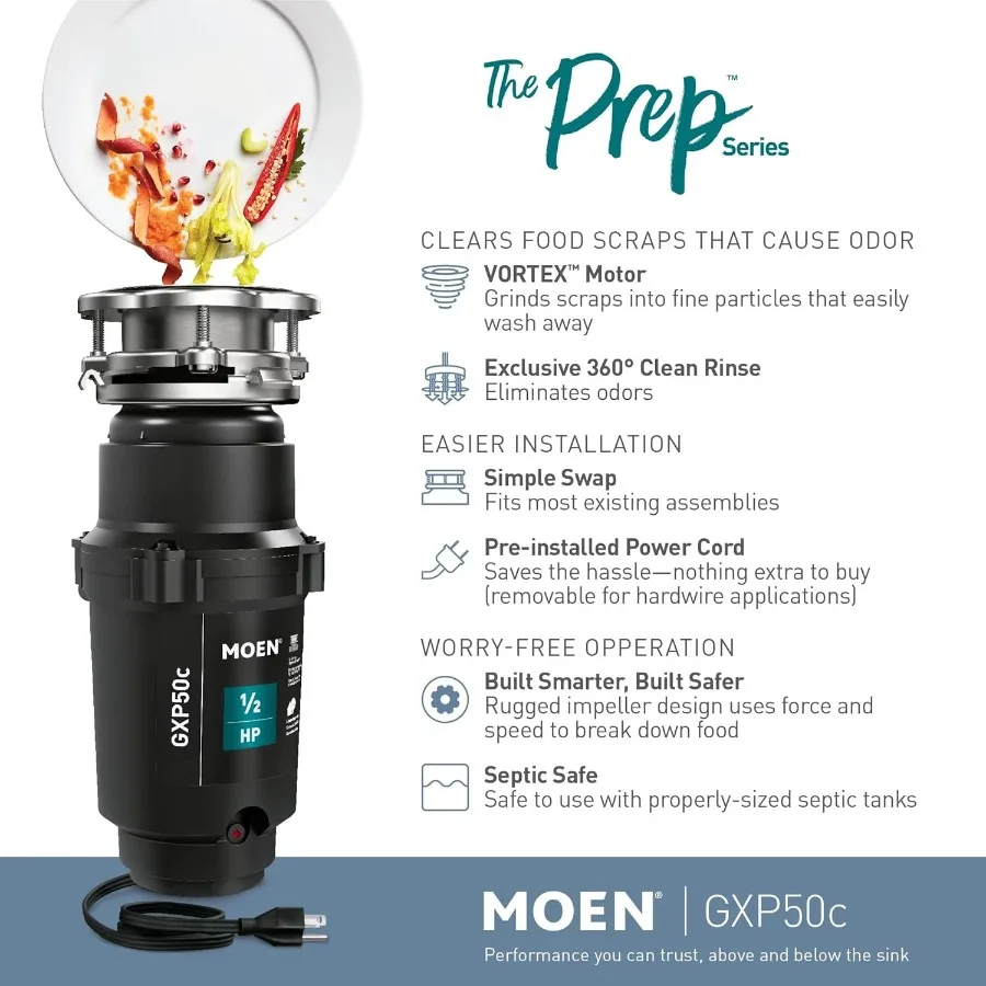 Moen Prep Series PRO التخلص من القمامة المدمجة للتغذية المستمرة لحوض المطبخ مع سلك الطاقة GXP50C